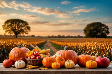 Wall Mural - Autumn harvest of pumpkins and corn on a wooden table against the background of a field