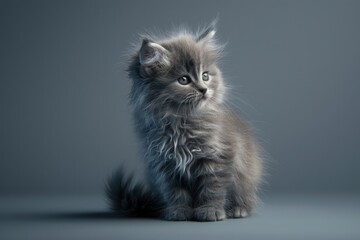 Poster - A small gray kitten sits on top of a wooden table, looking curious