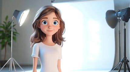 Wall Mural - A 3D cartoon of a teenage girl in a studio with a white backdrop