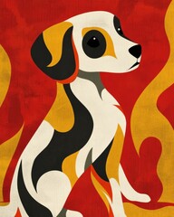 Wall Mural - Abstract Dog with Red, Yellow, and Black Patterns on a Red Background.