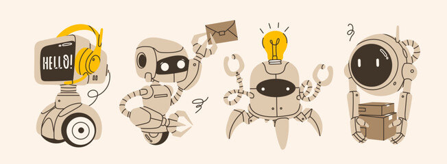 Set of white Robots. Cute artificial robotic characters. Hand drawn Vector illustration. Futuristic retro androids. Cartoon style. Isolated design elements. Delivery, customer service, postal concept