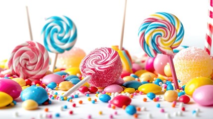 Wall Mural - A bright and playful arrangement of candies and lollipops on a table, great for advertising or party decorations