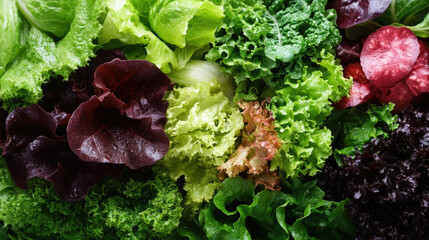 Wall Mural - Fresh lettuce mix with various textures, [Main keyword: Vegetables], [Concept: Healthy and colorful salad greens] 