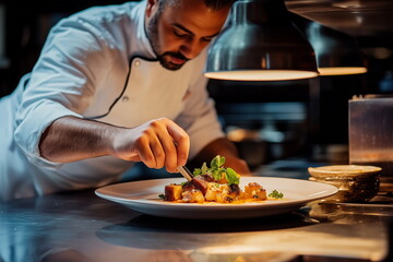 close up of chef's hands garnishing dish on plate in restaurant kitchen.