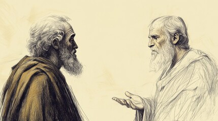 Faith-Inspired Biblical Illustration: The Lord Calls Samuel, Eli Guides Samuel to Respond to the Lord's Call, Beige Background, Christian Artwork, Guidance Scene