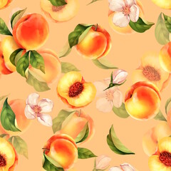 Wall Mural - Seamless peach pattern with tropic fruits, leaves, flowers background.