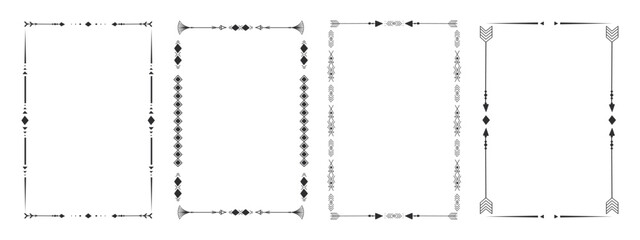 Wall Mural - Frame set with tribal native indian arrow, ornament. Border thin line divider decoration with feather, simple motif on white background