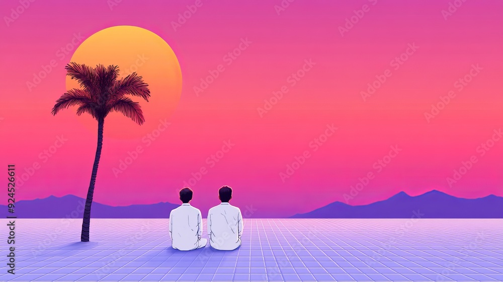 Retro video game graphics, pixel art characters, neon grid background ...