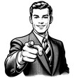 © Oleksandr Pokusai - businessman in suit, pointing forward with smile, classic retro style and assertive attitude sketch engraving generative ai fictional character PNG illustration. Black and white image.