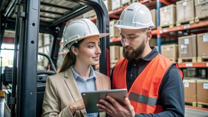 Poster - forklift driver and warehouse clerk with tablet pc.