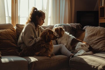 Sticker - A woman sits on a couch with two dogs, a relaxed scene