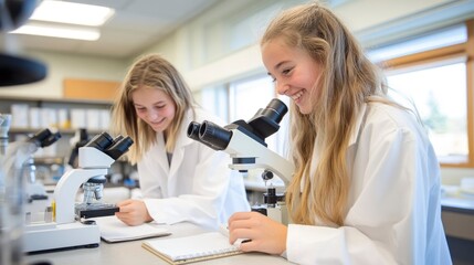 Wall Mural - Two young female students using microscopes in a lab