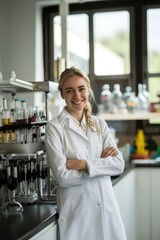 Wall Mural - A young woman in a lab coat stands next to lab equipment