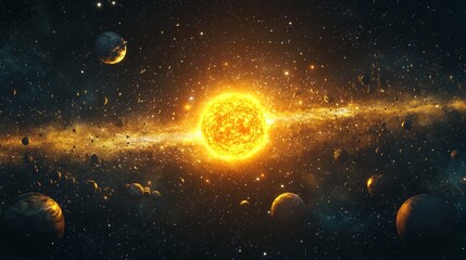 Wall Mural - solar system with planets and moons orbiting the sun, fantasy space background with swirling cosmic 