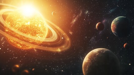 Wall Mural - solar system with planets and moons orbiting the sun, fantasy space background with swirling cosmic 