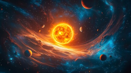 Wall Mural - solar system with planets and moons orbiting the sun, fantasy space background with swirling cosmic 