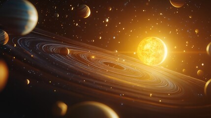 Wall Mural - solar system with planets and moons orbiting the sun, fantasy space background with swirling cosmic 