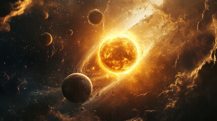 Wall Mural - solar system with planets and moons orbiting the sun, fantasy space background with swirling cosmic 