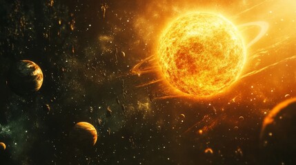 Wall Mural - solar system with planets and moons orbiting the sun, fantasy space background with swirling cosmic 