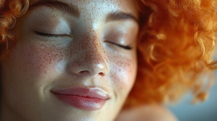 Wall Mural - Close-up Portrait of a Smiling Woman with Red Hair and Freckles