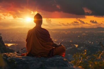 Canvas Print - A person sits on a rock as the sun sets behind them