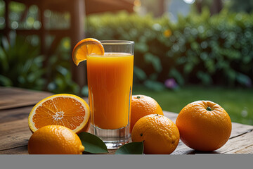 Refreshing orange juice and vibrant fruit on a rustic table with a blurred, colorful fruit garden backdrop