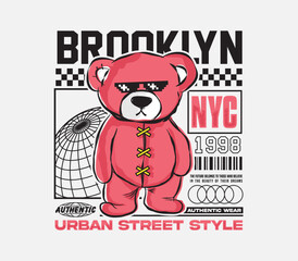 Wall Mural - Brooklyn Slogan Bear Doll Graffiti Art Wearing Sunglasses Vector Illustration For T-Shirt Design, Streetwear, Urban Fashion, Creative Graphic