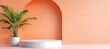 © Emqan - Minimal abstract background for product presentation with round white podium, pastel peach wall, and plant decorations