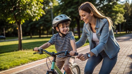 Sticker - mother teaching son riding bicycle at park