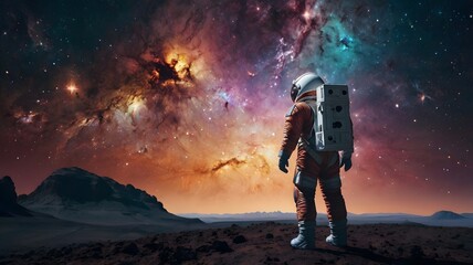 Wall Mural - Cosmic landscape featuring vivid nebulas and rocky terrain at twilight