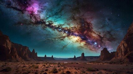 Wall Mural - Cosmic landscape featuring vivid nebulas and rocky terrain at twilight