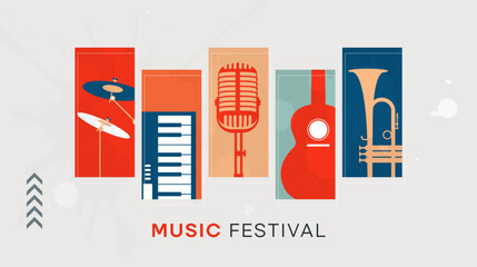 Classic retro style musical instrument, vintage. This design has a concept for celebrating a music party by featuring guitar, drum, trumpet, vinyl records, piano and mic. Music Festival