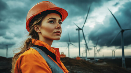 Young woman in an orange jacket and hard hat, gazing up at wind turbines against a cloudy sky