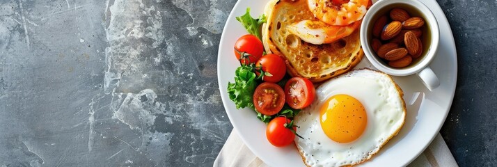 Wall Mural - Breakfast served on a white plate atop a gray surface.