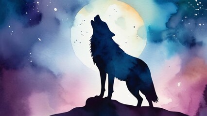  watercolor of howling wolf silhouette with moon background