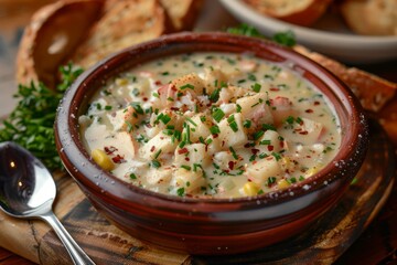 A creamy seafood chowder served in a bowl, garnished with herbs and accompanied by bread.