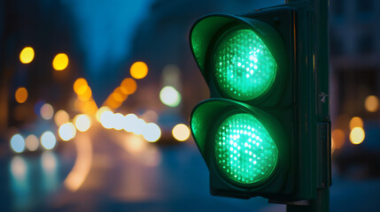 Green traffic light glowing brightly on a busy city street at dusk, blurred headlights in the background