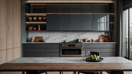 Wall Mural - Front view of elegant interior with gray drawers under kitchen cabinet