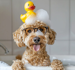 Wall Mural - dog and rubber duck, AI generated