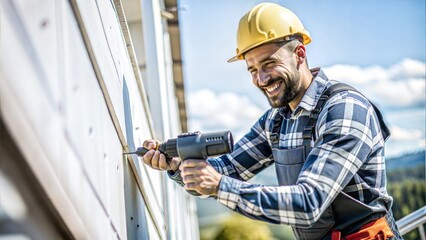 Poster - smiley male builder wearing a hard hat and working.