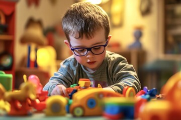 Young boy wearing glasses is concentrating on playing with toys on the floor of a playroom