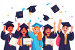 © Noufaldi - group of cheerful college students throwing graduation caps in the air, education concept, students celebrating success with caps and certificates, cartoon style, 3d rendering, Generative AI