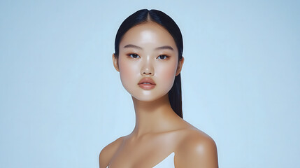 Poster - Commercial Shot of Asian Female Model in White Sleeveless Top Displaying Hair Studio Product Against Minimal Cream Background