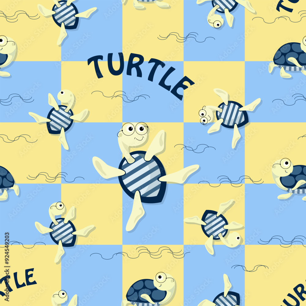 Cute turtle. Vector cartoon background. Set sea turtles on checkered ...