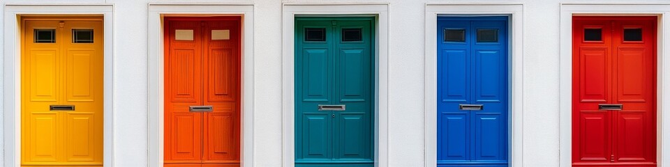 Colorful doors on building facade in different colors, 