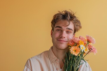 Wall Mural - A man with messy hair is holding a bouquet of flowers