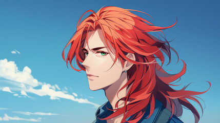 Wall Mural - A fierce anime boy with long red hair stands ready for battle, embodying determination and strength in this vibrant illustration.