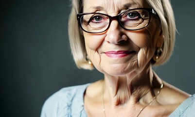 Canvas Print - Portrait of a happy senior woman with glasses over grey background.