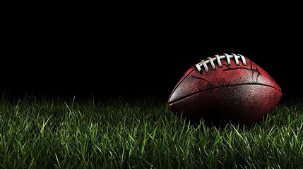 Wall Mural - American football on green grass against a black background, ideal for horizontal sports-themed posters, greeting cards, headers, websites, and apps