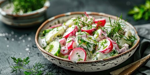 Northern Summer Salad with Cucumbers Radishes and Yogurt Healthy Low Calorie Recipe from Scandinavian and Eastern European Cuisine Traditional Estonian Dish Banner Image